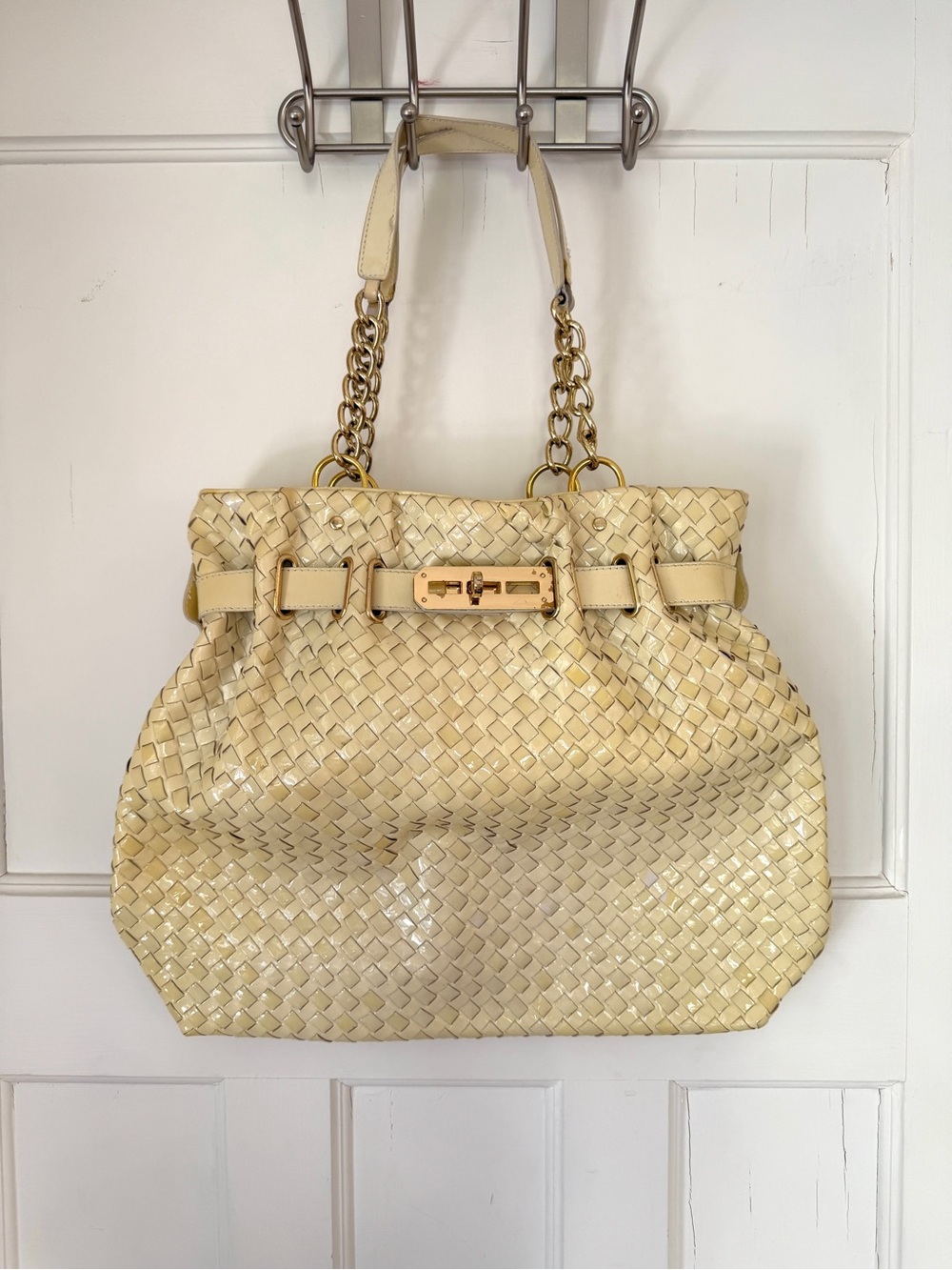 Paradox Cream Woven Shoulder Bag with Gold Chains